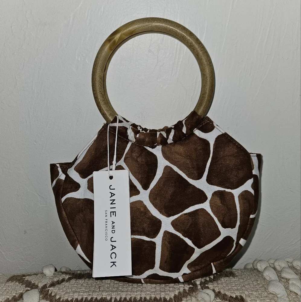 NWT! Janie and Jack Girls Purse Giraffe Wooden Ring Handle Animal Print NEW - Picture 2 of 12